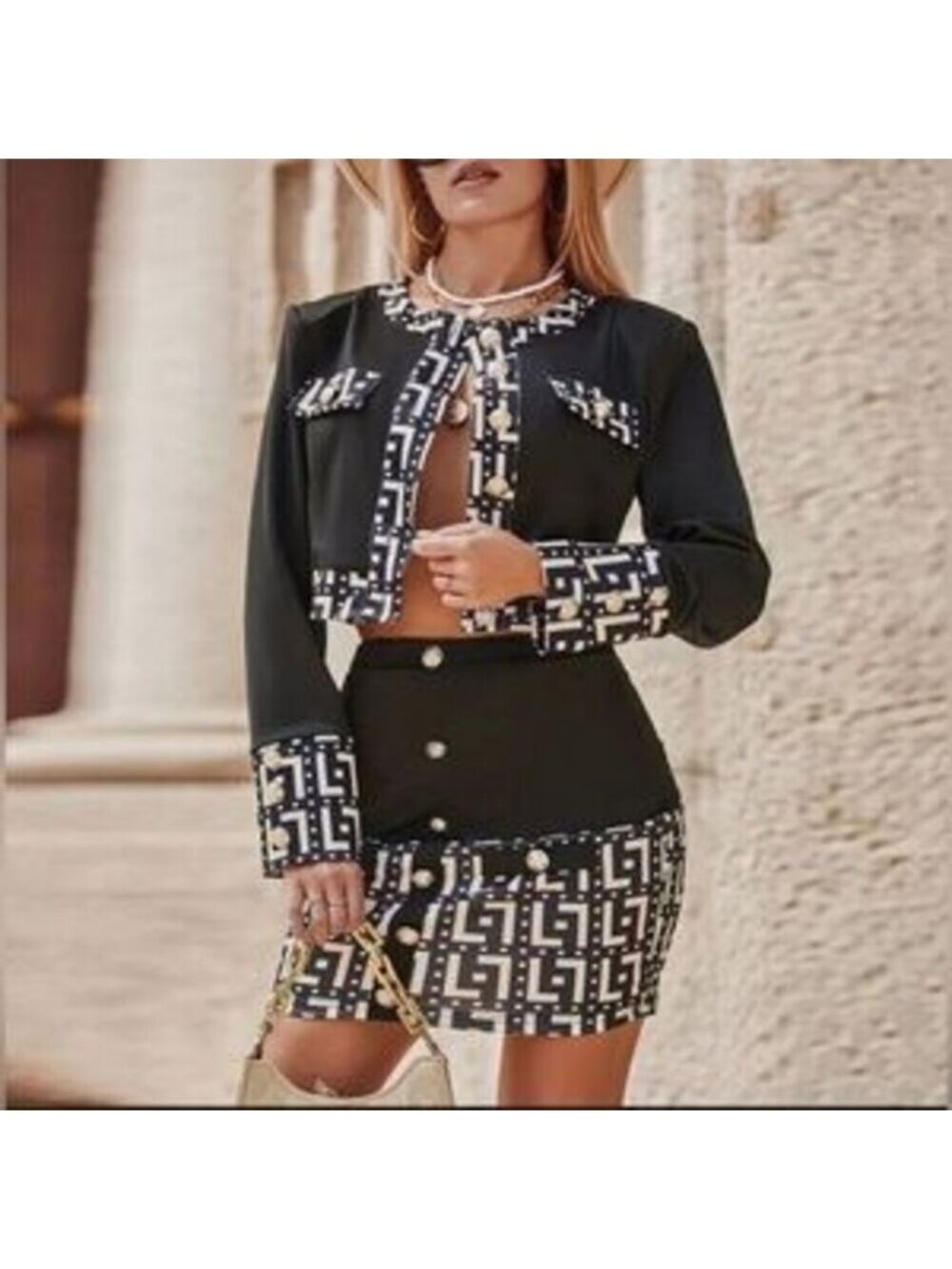 Elegant Black and White Patterned Skirt Suit